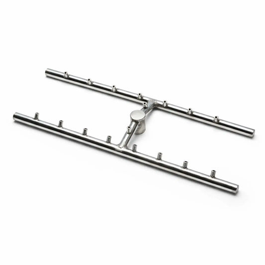 Stainless steel Torpedo H burner assembly displayed on a clean white background, featuring dual parallel burner tubes connected by a central hub with evenly spaced gas ports. The durable metal construction highlights its design for consistent flame distribution in rectangular fire pits.