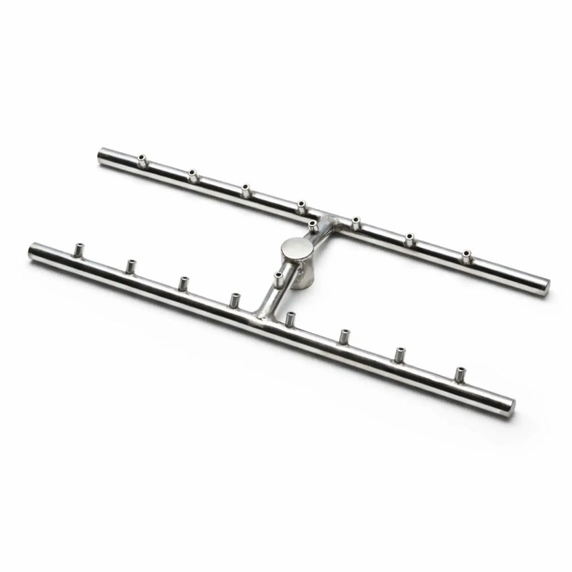 Stainless steel Torpedo H burner assembly displayed on a clean white background, featuring dual parallel burner tubes connected by a central hub with evenly spaced gas ports. The durable metal construction highlights its design for consistent flame distribution in rectangular fire pits.