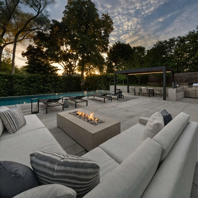 A spacious backyard patio at sunset featuring a rectangular concrete fire pit surrounded by plush seating. Beyond the fire feature, a pool, lounge chairs, and a covered outdoor kitchen area sit under tall trees, creating a relaxed, resort-style outdoor living space.