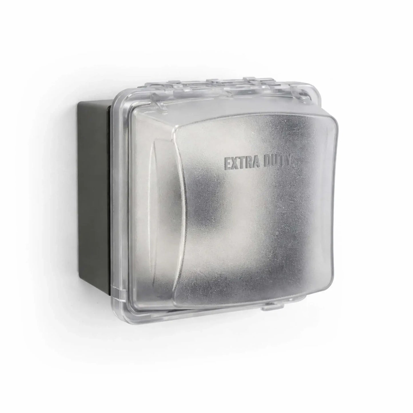 Weatherproof NEMA-rated enclosure with a translucent hinged cover labeled “EXTRA DUTY,” protecting an internal timer control. The rugged housing is designed for outdoor electrical applications, shielding the timer from moisture, dust, and environmental exposure in commercial or residential setups.