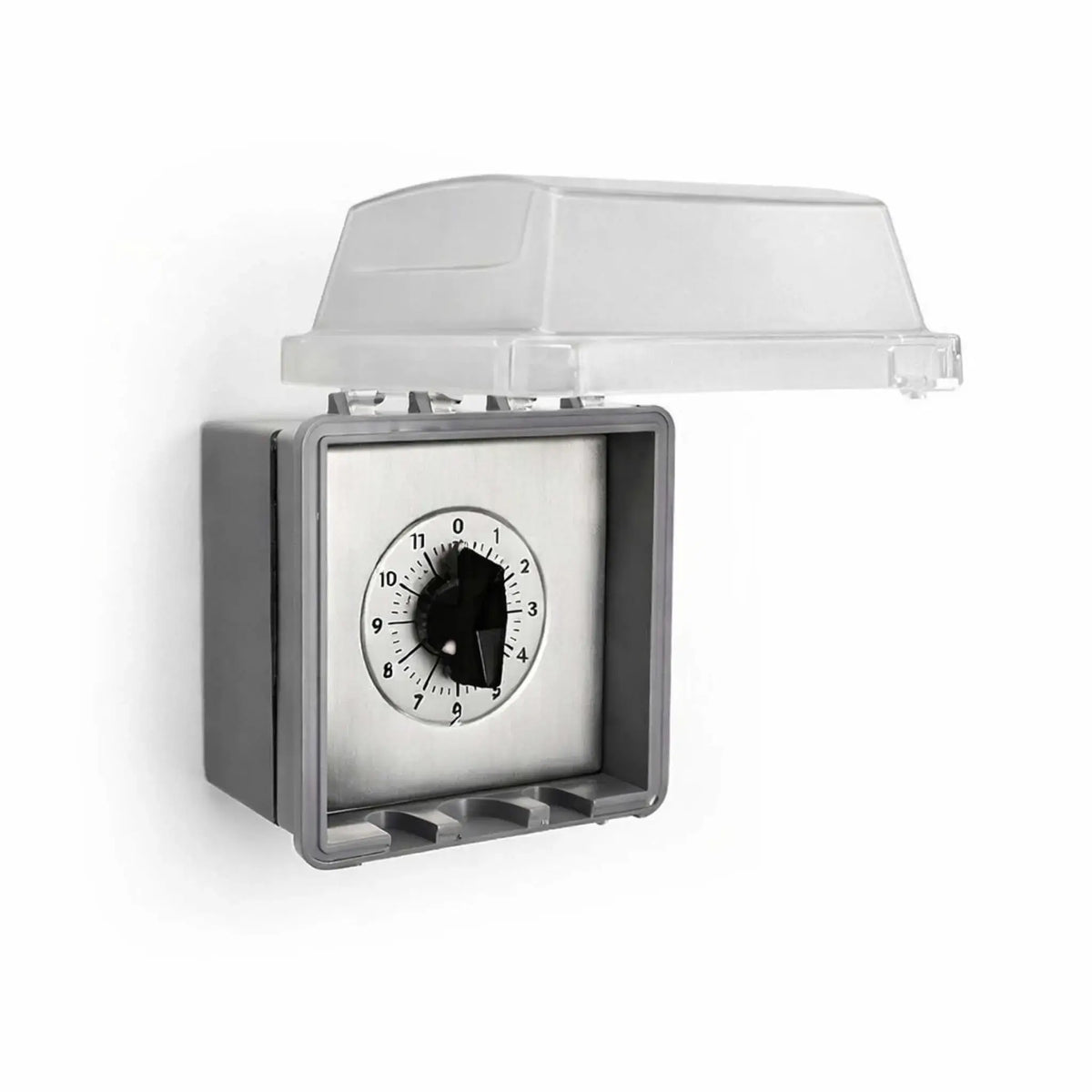 Outdoor-rated timer control housed in a gray weatherproof NEMA enclosure with the protective clear lid flipped open. Inside, a stainless steel timer plate with a 12-hour rotary dial is visible, designed for safe use in exterior environments like fire pits, patios, and commercial installations.