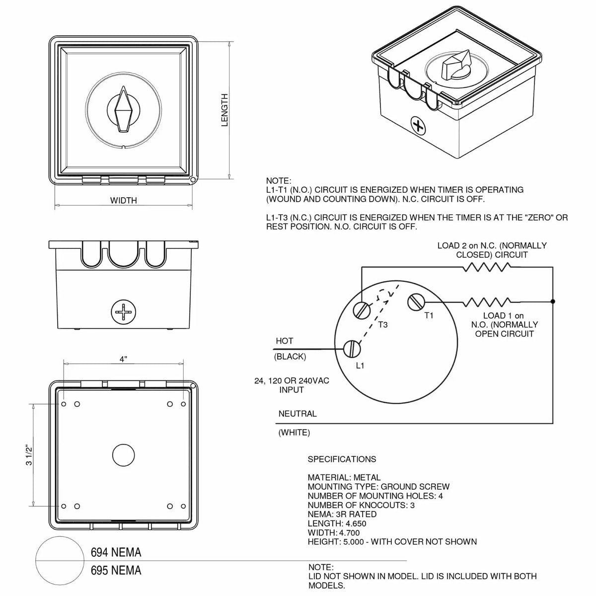 Technical diagram showing dimensions, mounting layout, and wiring configuration for automatic timer controls. Includes labeled terminals for hot and neutral connections, normally open and normally closed circuits, and detailed specifications for both 2-hour and 12-hour timer models used in fire pit or electrical control systems.