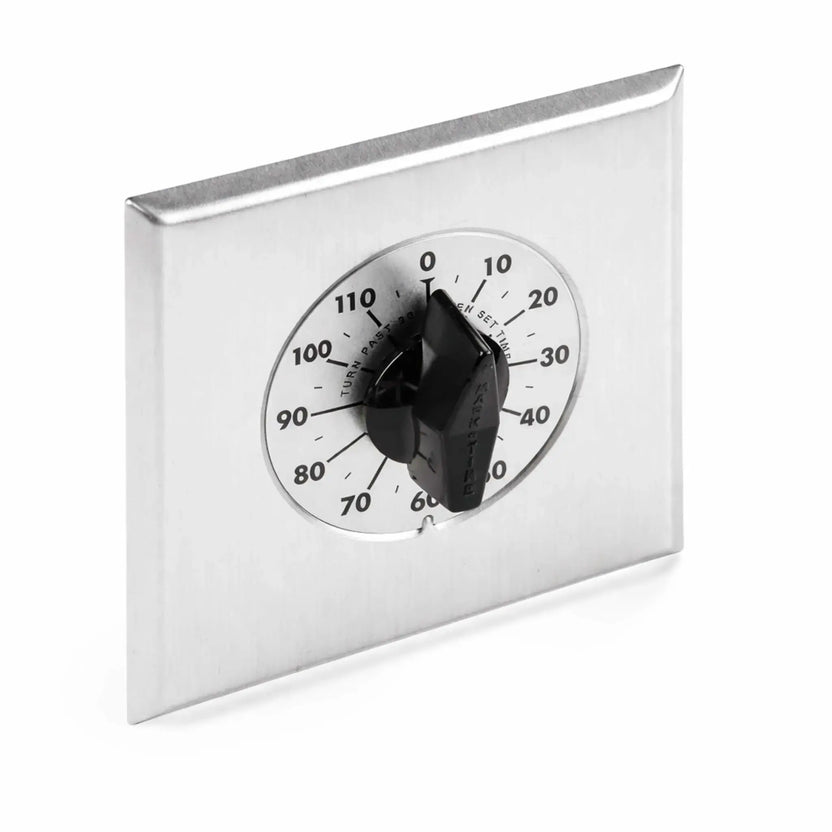 Brushed stainless steel wall plate featuring a built-in mechanical countdown timer with a black rotary knob and clearly marked dial ranging from 0 to 120 minutes. Designed for 120V applications, this compact timer control is ideal for fire pit systems, heaters, or lighting where automatic shutoff is required.