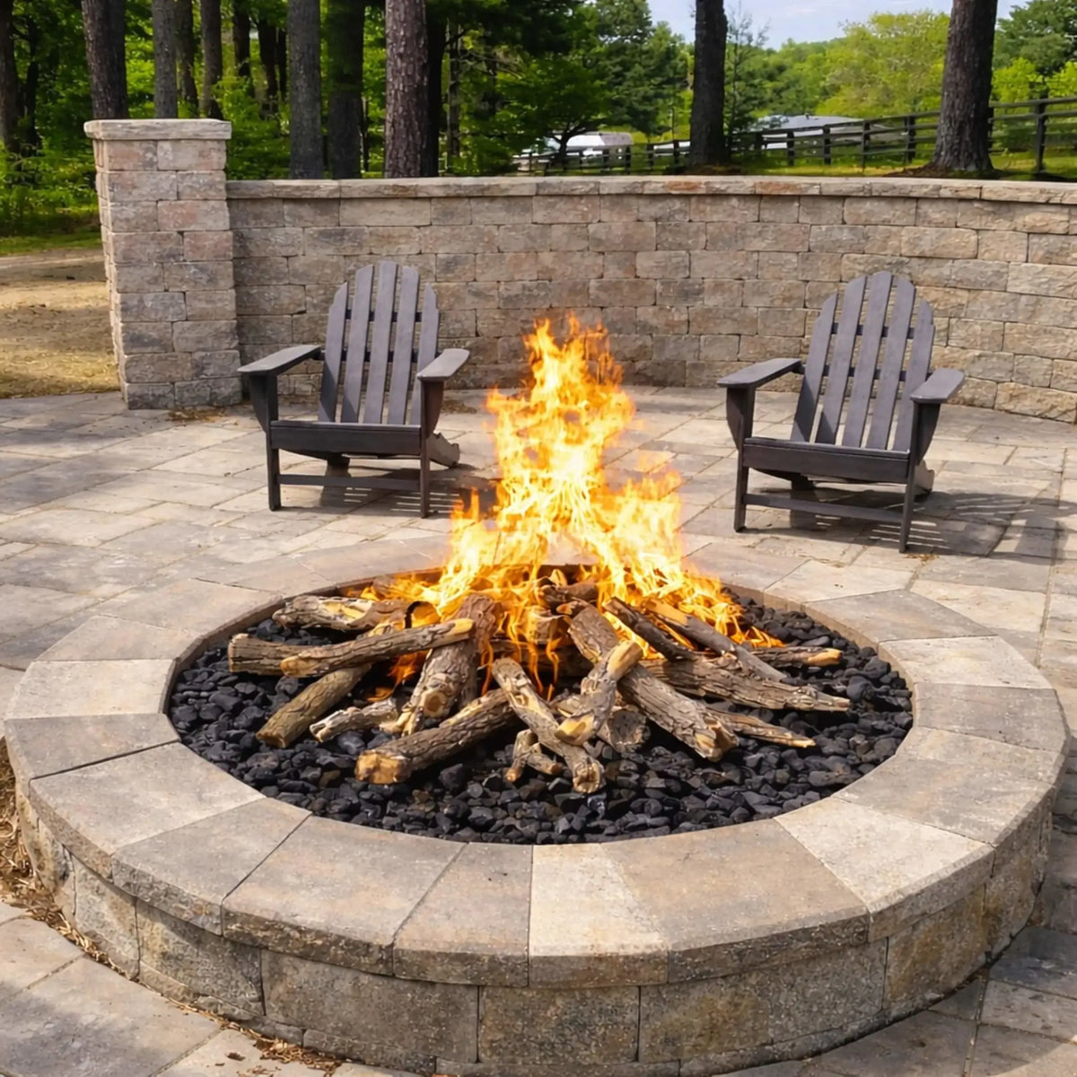 Large circular patio fire pit filled with black lava rock and weathered oak gas logs arranged in a campfire-style layout. Bright flames flicker upward between two Adirondack chairs, set against a stone retaining wall and wooded backyard, highlighting a welcoming outdoor seating and entertaining space.