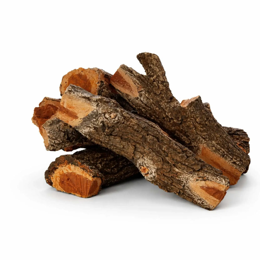 HPC Fire Hearth Products Controls Arizona Weathered Oak gas fire pit logs arranged in a stacked display on a white background, highlighting detailed bark texture, natural wood grain, and realistic cut ends. These ceramic logs are designed to replicate aged oak firewood, offering an authentic appearance for gas fire pits and outdoor fire feature installations.