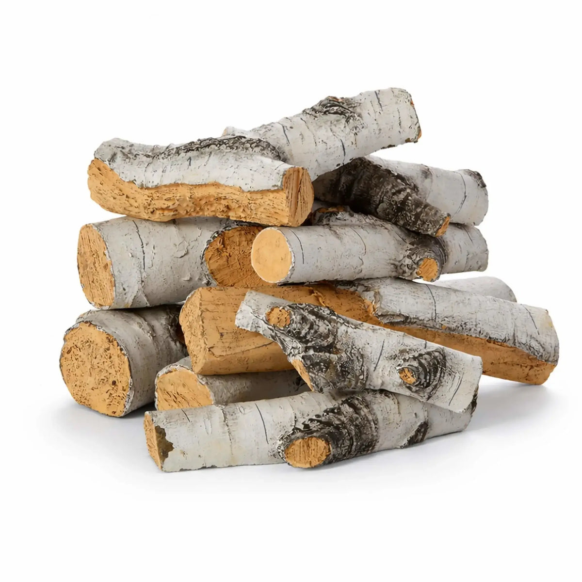 HPC Fire Hearth Products Controls Aspen Birch gas fire pit logs arranged in a stacked display on a white background, featuring realistic white birch-style bark texture with detailed grain and cut ends. These ceramic logs are designed to replicate natural firewood while providing a clean, modern look for gas fire pit installations and outdoor fire features.
