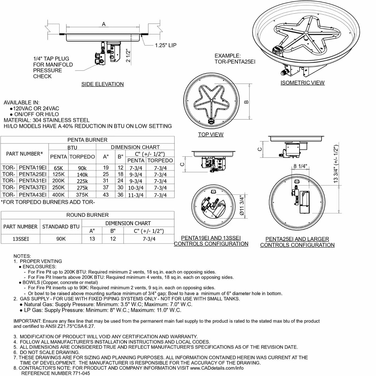 HPC Fire Hearth Products CSA Round Drop In Fire Pit Burner Kit specification sheet showing detailed engineering drawings for electronic ignition on off hi lo standard torpedo penta burner. Includes side elevation, top and isometric views, valve and control box layouts, BTU ratings, dimension charts, and venting requirements for proper fire pit installation and planning.