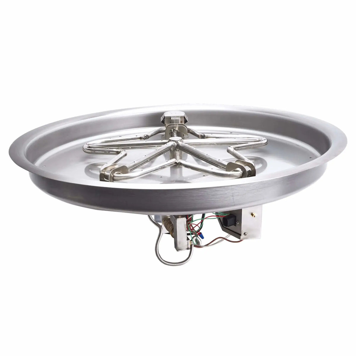 HPC Fire Hearth Products CSA Round Drop In Fire Pit Burner Kit electronic ignition on off standard penta burner displayed on a clean white background. The stainless steel round pan features a five-arm burner design with evenly spaced ports, integrated ignition components, and underside gas connections, highlighting durable construction and precision layout.