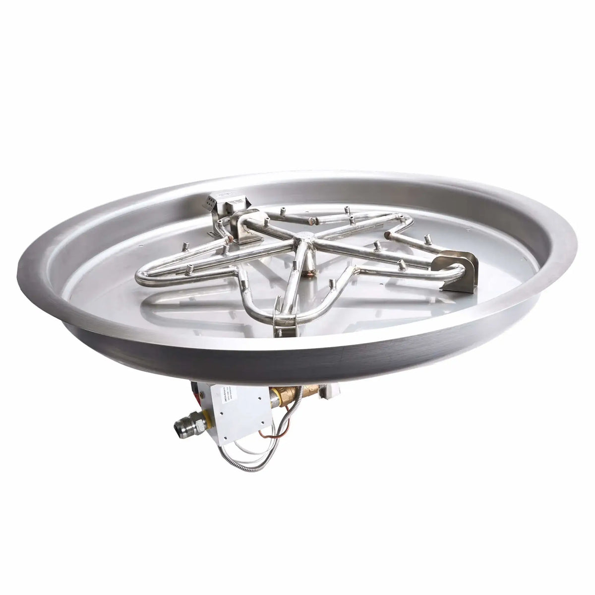HPC Fire Hearth Products CSA Round Drop In Fire Pit Burner Kit electronic ignition torpedo penta burner shown on a white background. The raised stainless steel burner arms create a torpedo-style flame pattern, mounted in a circular drop-in pan with visible control box, gas inlet, and wiring for ignition system integration.