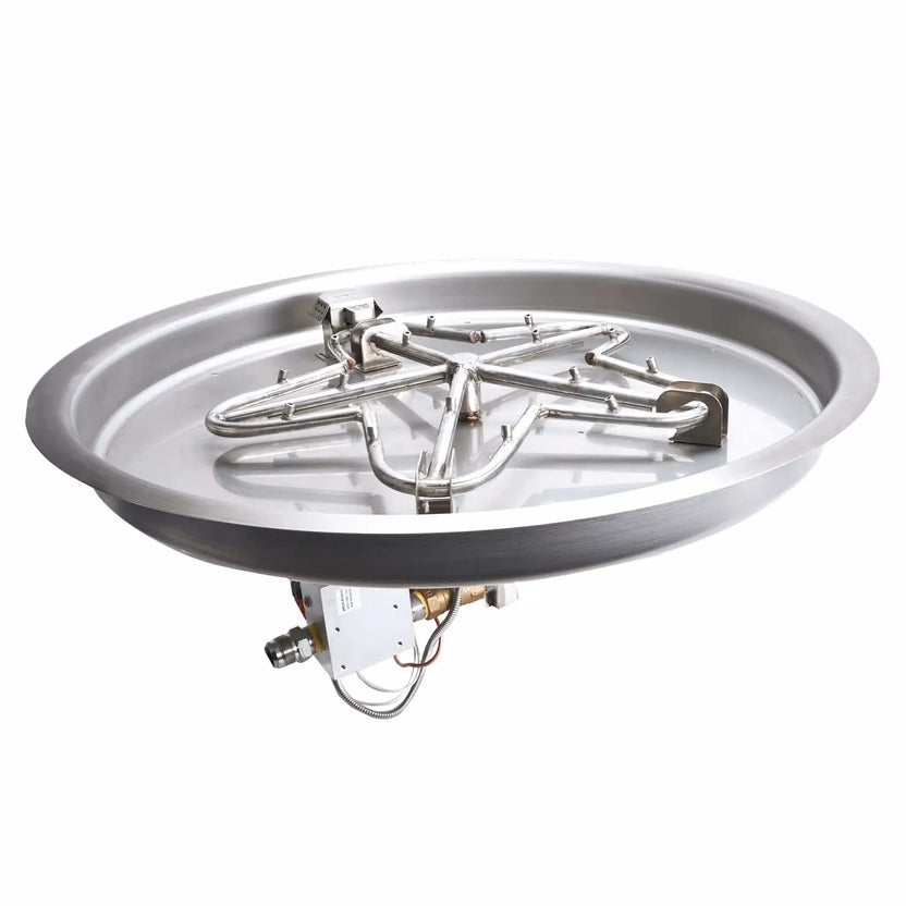 HPC Fire Hearth Products CSA Round Drop In Fire Pit Burner Kit electronic ignition torpedo penta burner shown on a white background. The raised stainless steel burner arms create a torpedo-style flame pattern, mounted in a circular drop-in pan with visible control box, gas inlet, and wiring for ignition system integration.