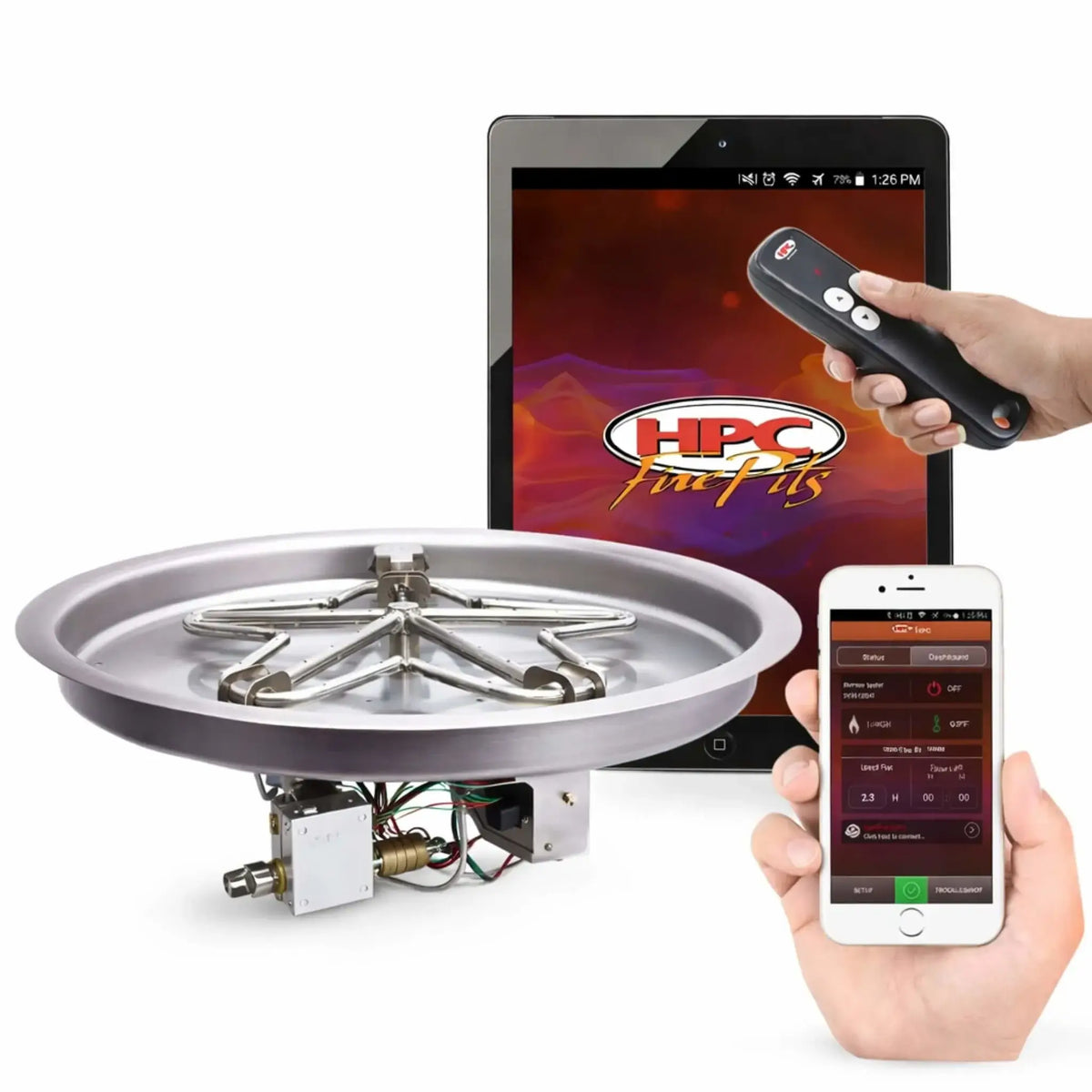 HPC Fire Hearth Products Controls CSA round drop in fire pit burner kit with standard penta burner design, displayed on a white background. The polished stainless steel pan and multi-arm burner are visible along with the ignition control box. A handheld remote, smartphone app, and tablet with HPC Fire Pits branding highlight wireless control, Hi Lo Low flame adjustment, and advanced electronic ignition system integration.