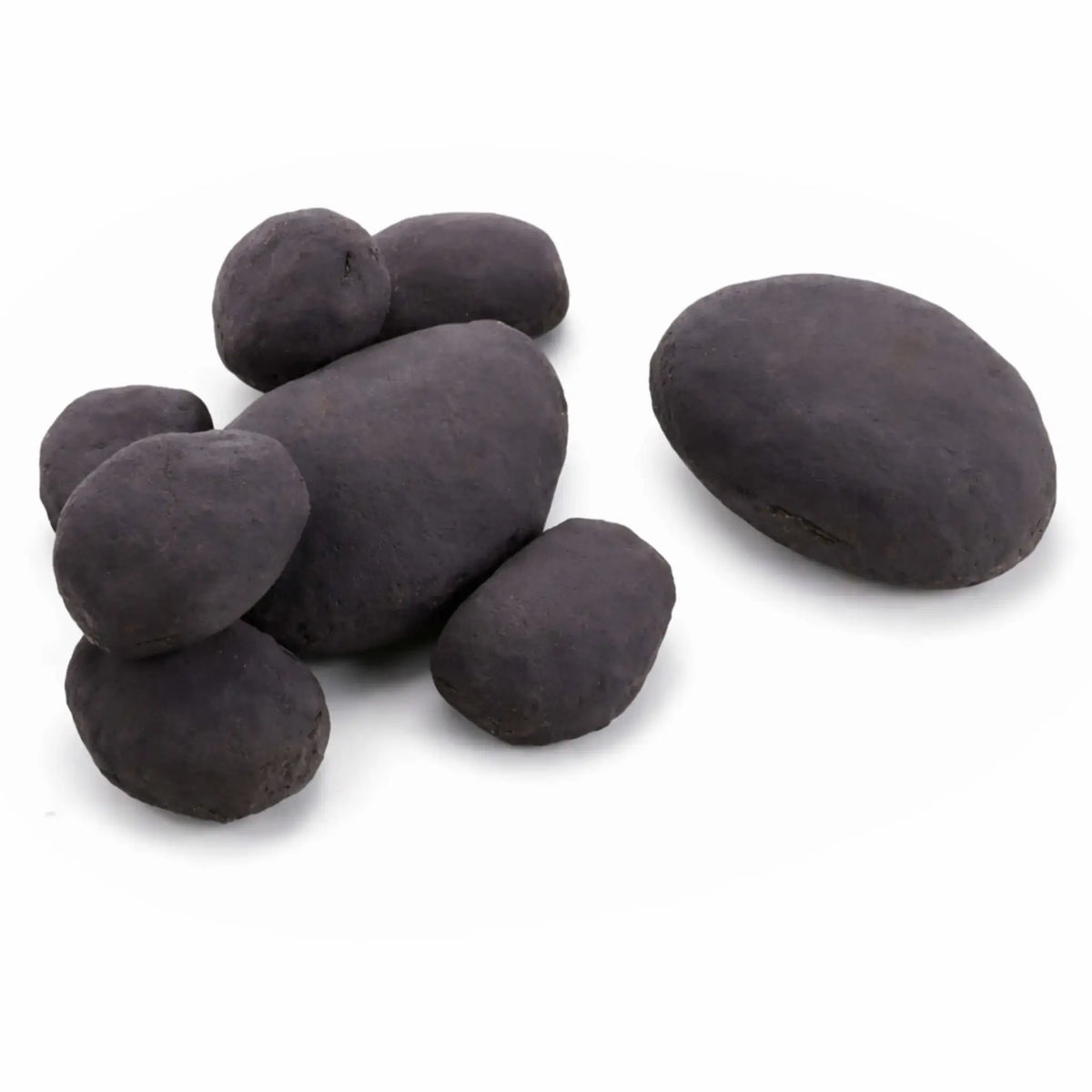 Close-up of smooth black ceramic river rocks in assorted oval sizes arranged on a clean white background. The stones have a matte, natural finish with subtle texture variations, designed to mimic real river rock and ideal for gas fire pits, fireplaces, or decorative landscaping applications.
