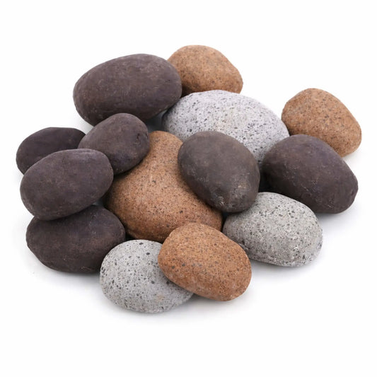 Mixed set of ceramic river rocks featuring black, tan, and light gray tones, stacked together on a white background. The stones have rounded edges and natural speckled patterns, offering a realistic riverbed look perfect for enhancing fire pit burners or modern fireplace designs.