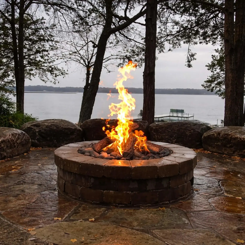 Outdoor wood-burning fire pit surrounded by large natural boulders near a lakeside setting, featuring a bed of smooth river rocks beneath burning logs. The warm flames contrast with the cool, overcast landscape, showcasing how ceramic river rocks enhance a rustic fire feature environment.