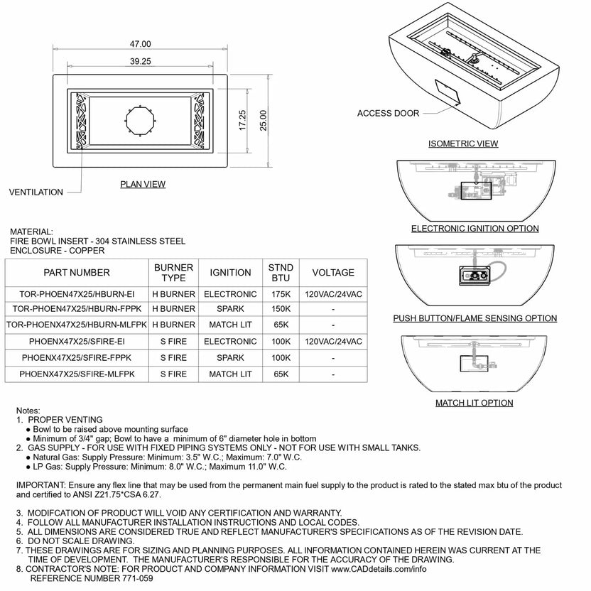 Detailed specification sheet for the HPC Fire Copper Fire Pit Phoenix H S Rectangle, showing plan view dimensions, isometric diagrams, ignition options, and burner configurations. Includes material details, BTU ratings, and installation notes for proper setup and performance.
