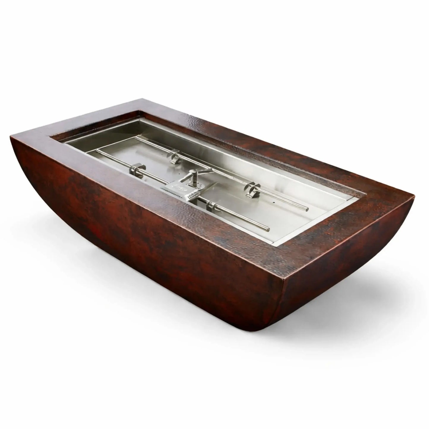 Studio product image of the HPC Fire Copper Fire Pit Phoenix H S Rectangle featuring a hammered copper exterior and recessed stainless steel burner system. The rectangular design is clean and modern, displayed on a white background to highlight construction and finish details.