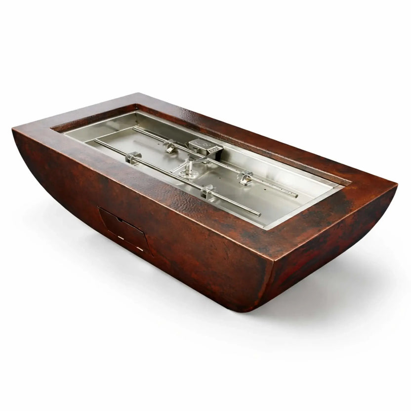 Close-up product image of the HPC Fire Copper Fire Pit Phoenix H S Rectangle with access door, featuring a rich hammered copper finish and a rectangular stainless steel burner insert. The side access panel is visible, offering convenient maintenance access, all displayed on a clean white background.