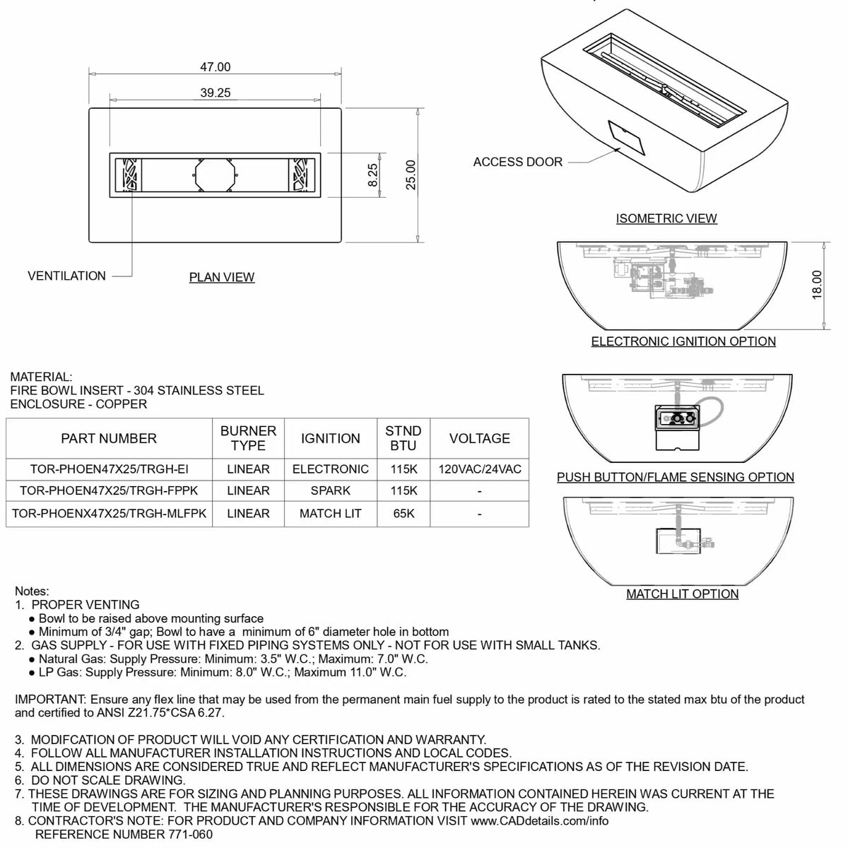 Technical specification sheet for the HPC Fire Copper Fire Pit Phoenix Linear Trough, showing plan view dimensions, isometric diagram, ignition options, and detailed notes. The sheet includes measurements, materials, BTU ratings, and installation requirements for the linear fire pit system.