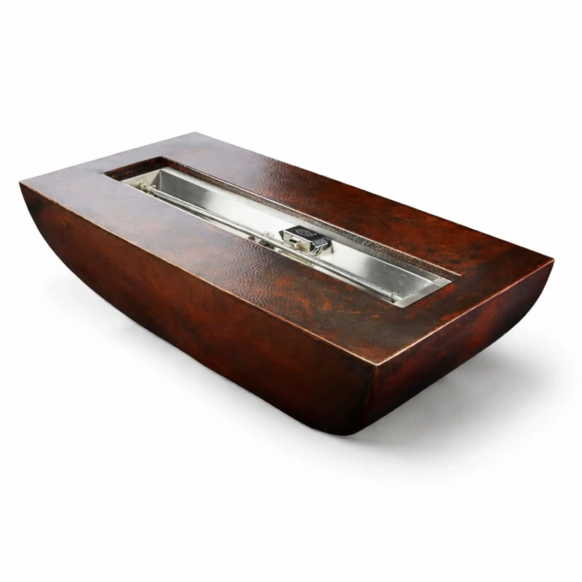 Studio image of the HPC Fire Copper Fire Pit Phoenix Linear Trough featuring a sleek rectangular design with a hammered copper finish and a recessed stainless steel burner channel. The clean white background highlights the modern linear fire pit shape and premium construction details.