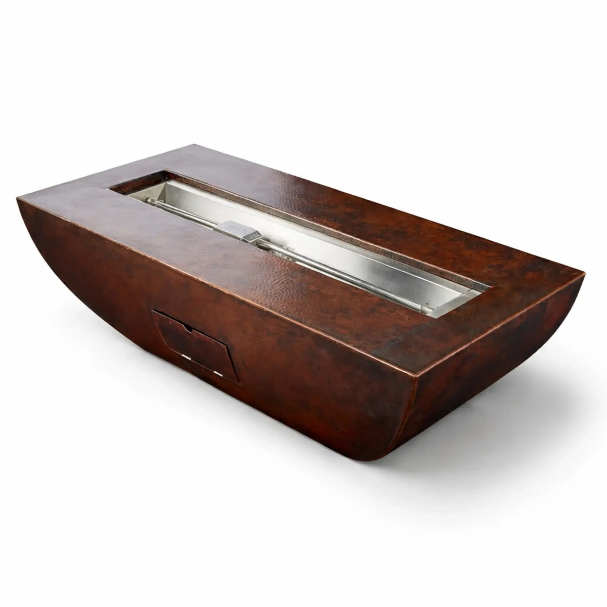 Product view of the HPC Fire Copper Fire Pit Phoenix Linear Trough with access door, showing the hammered copper exterior and integrated side panel for maintenance access. The stainless steel burner tray is visible within the linear opening, displayed on a clean white background.