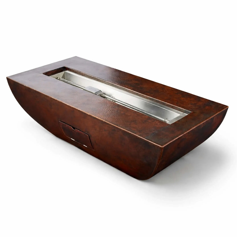 Product view of the HPC Fire Copper Fire Pit Phoenix Linear Trough with access door, showing the hammered copper exterior and integrated side panel for maintenance access. The stainless steel burner tray is visible within the linear opening, displayed on a clean white background.