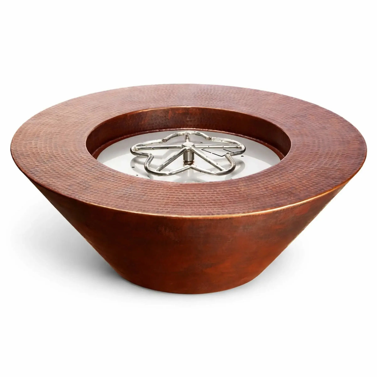 HPC Copper Round Fire Bowl Mesa white background product image featuring a hammered copper finish bowl with a wide circular lip and exposed stainless steel burner ring, clearly showcasing the clean design and internal ignition system components.