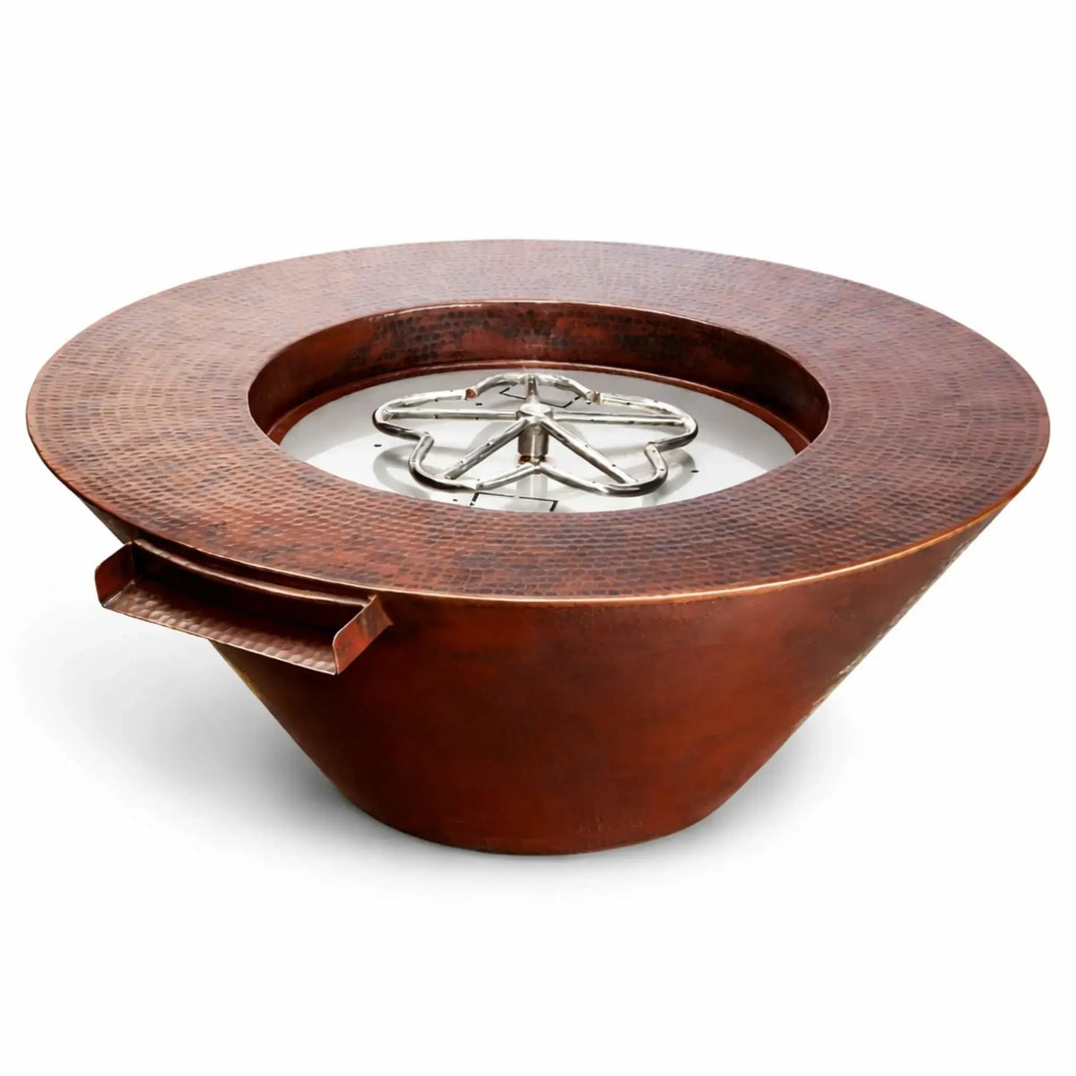 HPC Copper Round Mesa Fire and FireWater water white background image showing a hammered copper fire bowl with integrated water scupper and stainless steel burner assembly, emphasizing the dual fire and water feature functionality and clean product design.