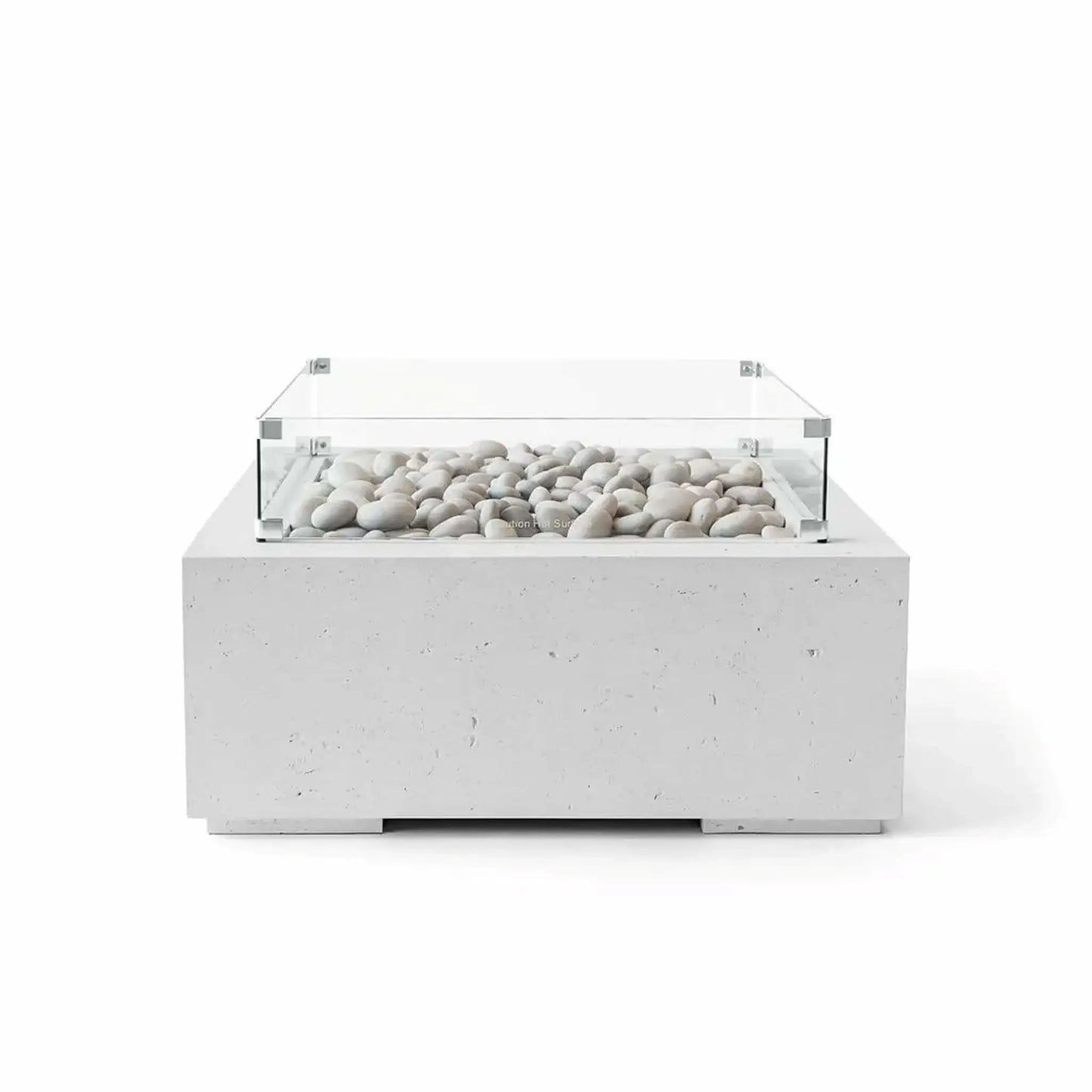 Front-facing product image of the HPC Fire Hearth Products Controls Dekko GFRC Concrete Alea 32 x 32 Fire Pit in Ash finish, featuring a square contemporary fire pit table with a durable GFRC concrete base, decorative ivory fire stones, and a clear tempered glass wind guard surrounding the burner area. Displayed on a clean white background, highlighting the modern outdoor fire feature design and premium construction.