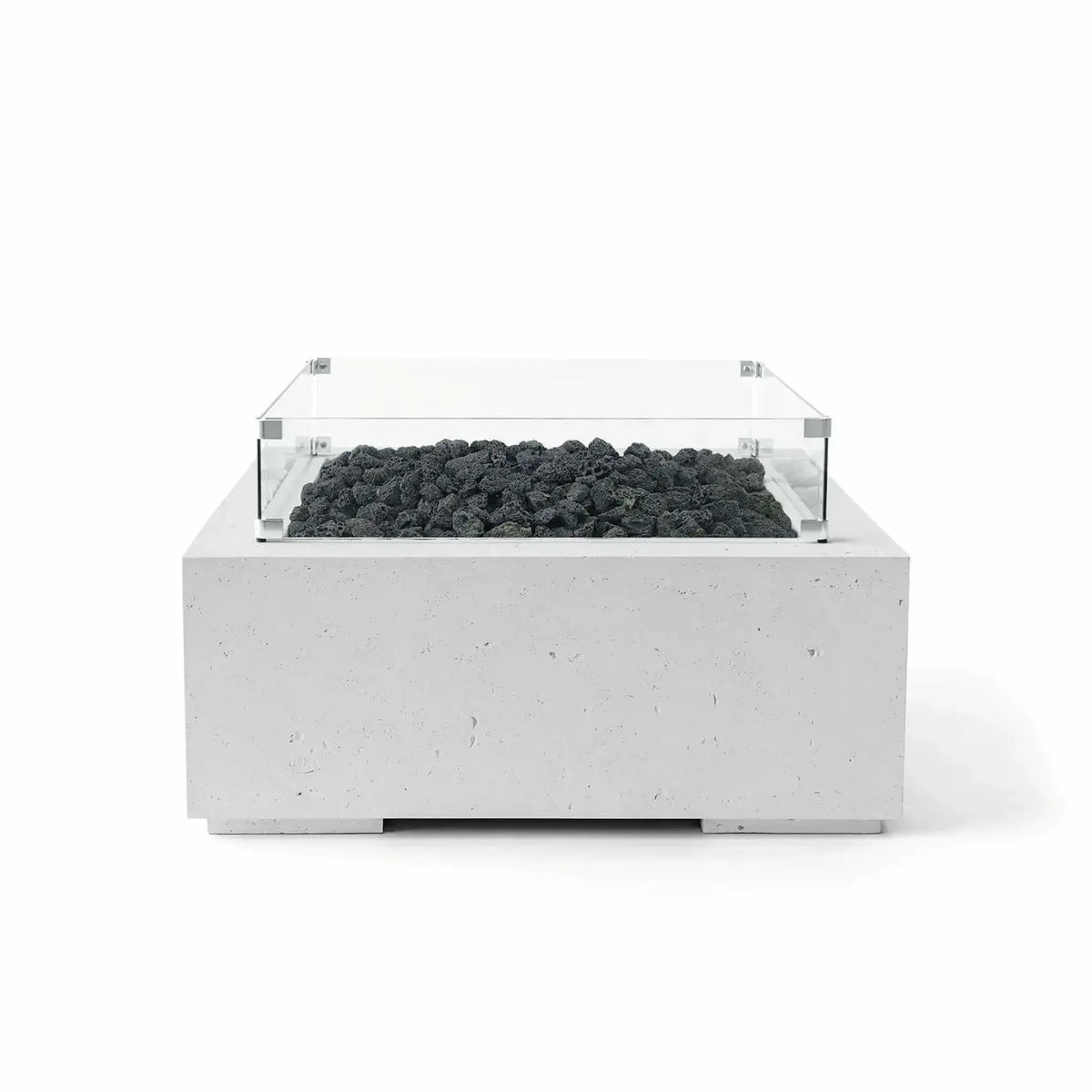 Front view of the HPC Fire Hearth Products Controls Dekko GFRC Concrete Alea 32 x 32 Fire Pit in Ash finish with black lava rock media and a clear tempered glass wind guard. The square GFRC concrete fire pit showcases a minimalist modern design, textured concrete surface, and elevated burner enclosure, making it ideal for contemporary outdoor patios and backyard gathering spaces.