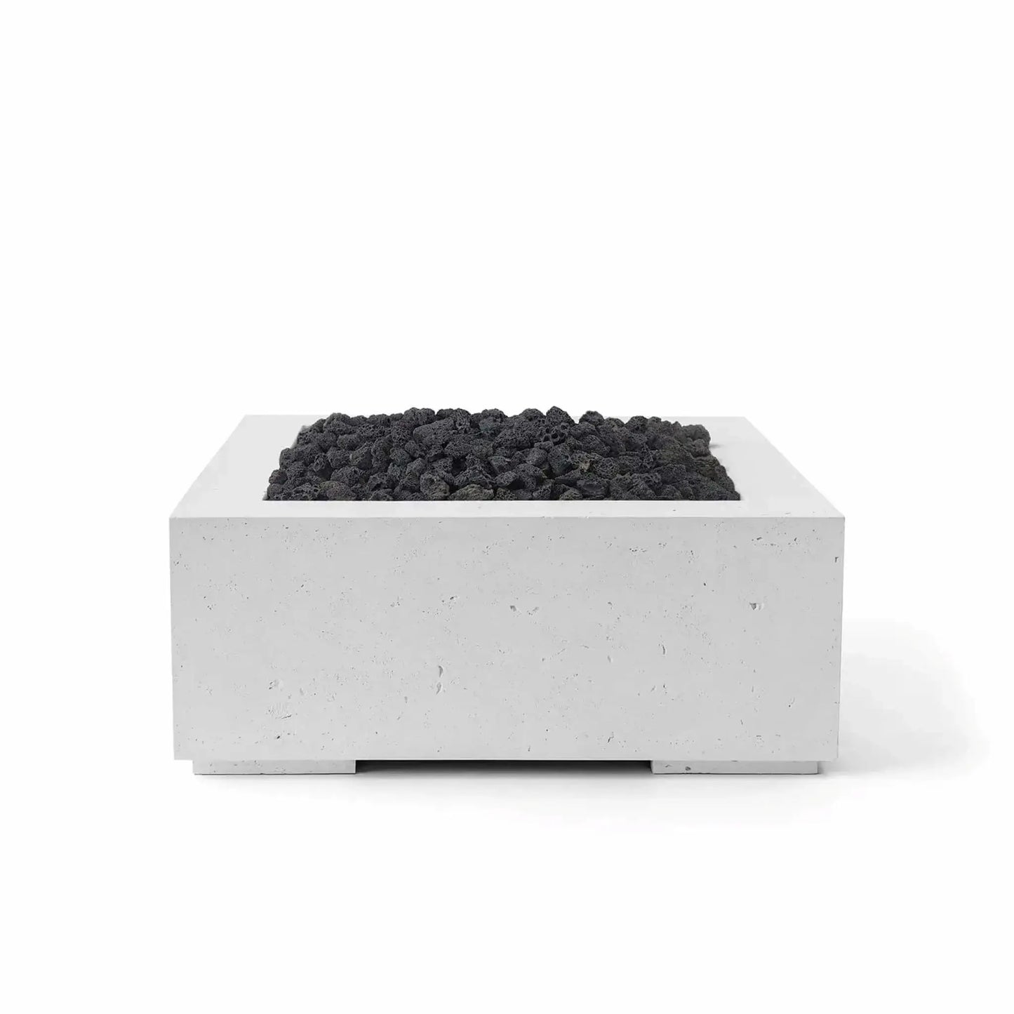 HPC Fire Hearth Products Controls Dekko GFRC Concrete Alea 32 x 32 Fire Pit in Ash finish filled with black lava rock media. The square GFRC concrete fire pit features a minimalist architectural design, recessed burner compartment, and durable outdoor construction, creating a modern centerpiece for patios, decks, outdoor seating areas, and contemporary landscape projects.