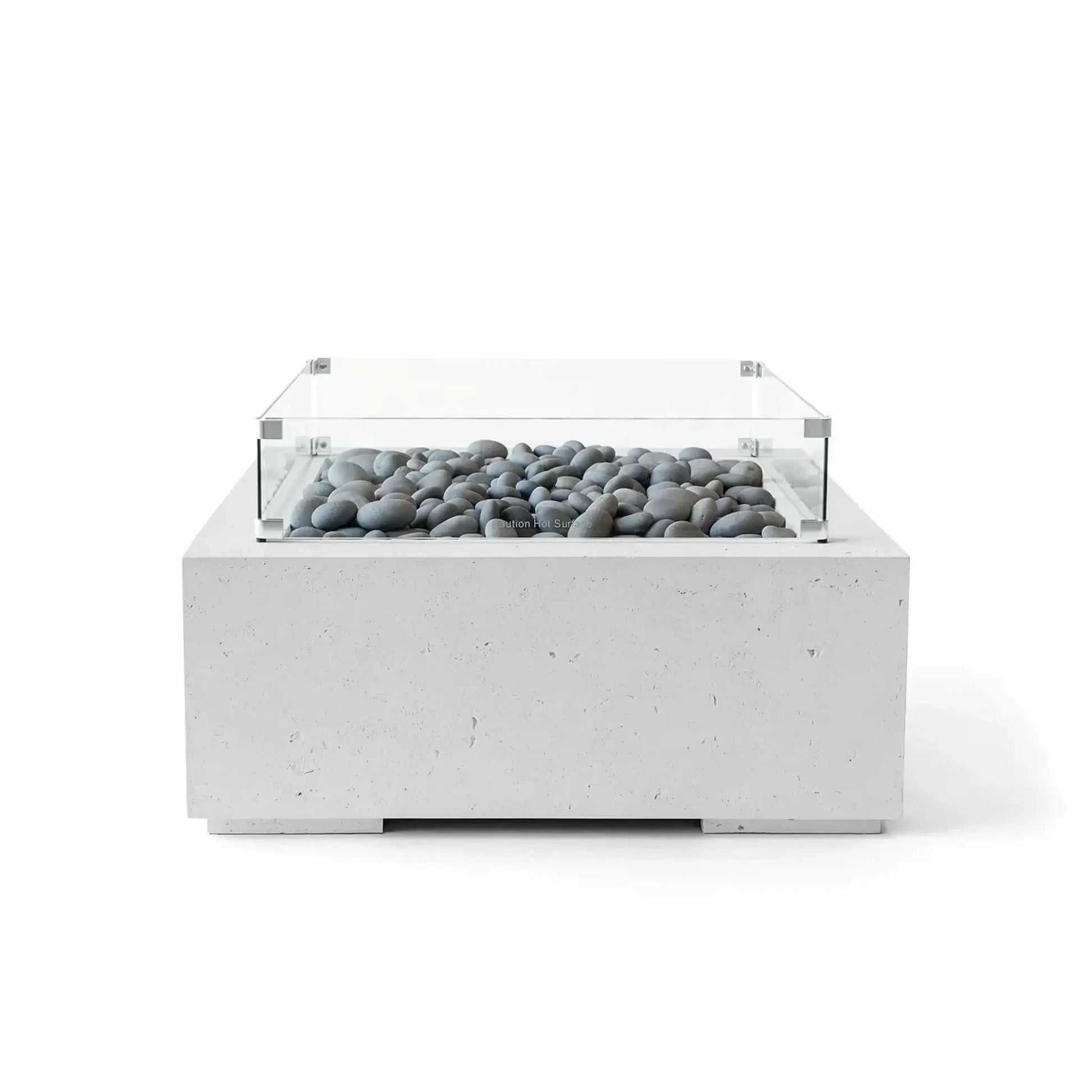 HPC Fire Hearth Products Controls Dekko GFRC Concrete Alea 32 x 32 Fire Pit in Ash finish, shown with smooth gray slate stones and a tempered glass wind guard. This square outdoor fire pit features a sleek GFRC concrete body, clean geometric lines, and decorative stone fire media, presented in a centered product image against a white studio background.