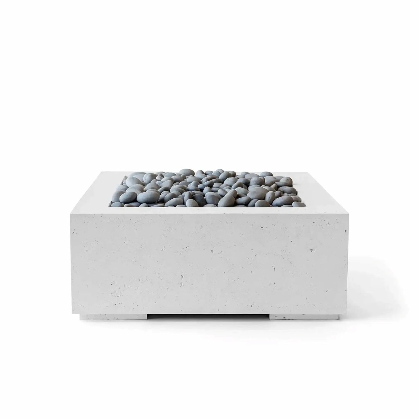 HPC Fire Hearth Products Controls Dekko GFRC Concrete Alea 32 x 32 Fire Pit with Ash finish and polished slate stone fire media. This modern square fire pit combines a sleek concrete appearance with smooth gray stones surrounding the burner area, offering a refined outdoor heating solution for contemporary patios, backyard entertaining spaces, and luxury outdoor living environments.