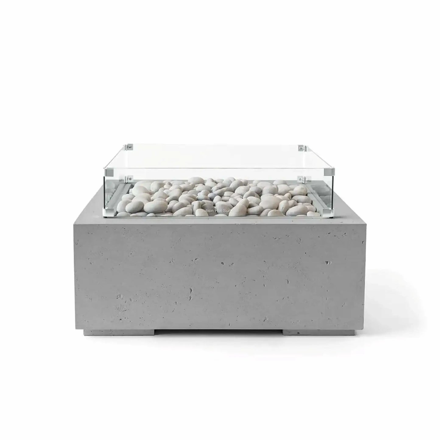Front-facing image of the HPC Fire Hearth Products Controls Dekko GFRC Concrete Alea 32 x 32 Fire Pit in Charcoal finish with ivory fire stones and a clear tempered glass wind guard. The dark gray GFRC concrete construction contrasts beautifully with the light stone media, emphasizing the modern square fire pit design for outdoor living and entertainment areas.
