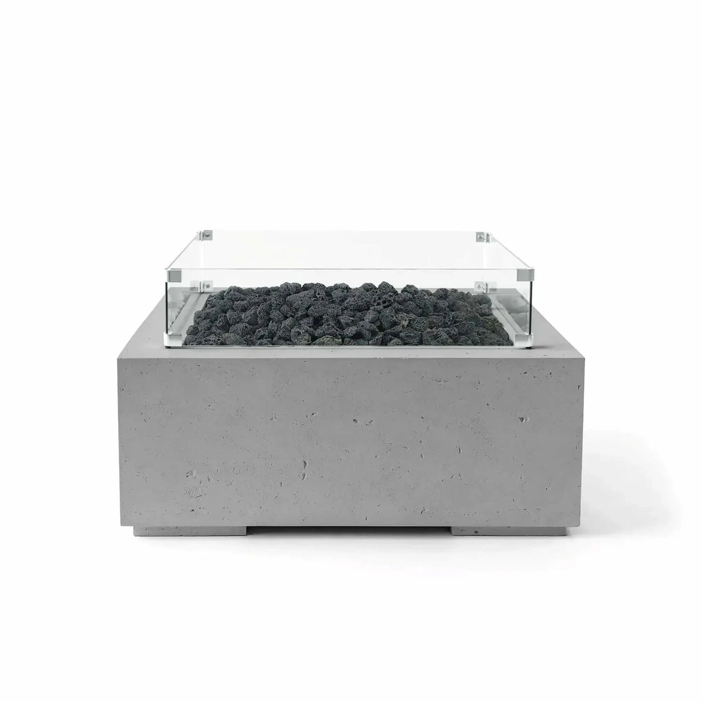 HPC Fire Hearth Products Controls Dekko GFRC Concrete Alea 32 x 32 Fire Pit in Charcoal finish featuring black lava rock fire media enclosed by a tempered glass wind guard. The square GFRC concrete fire pit displays a bold contemporary aesthetic with textured charcoal concrete and a recessed burner area, shown in a clean white-background product photograph.