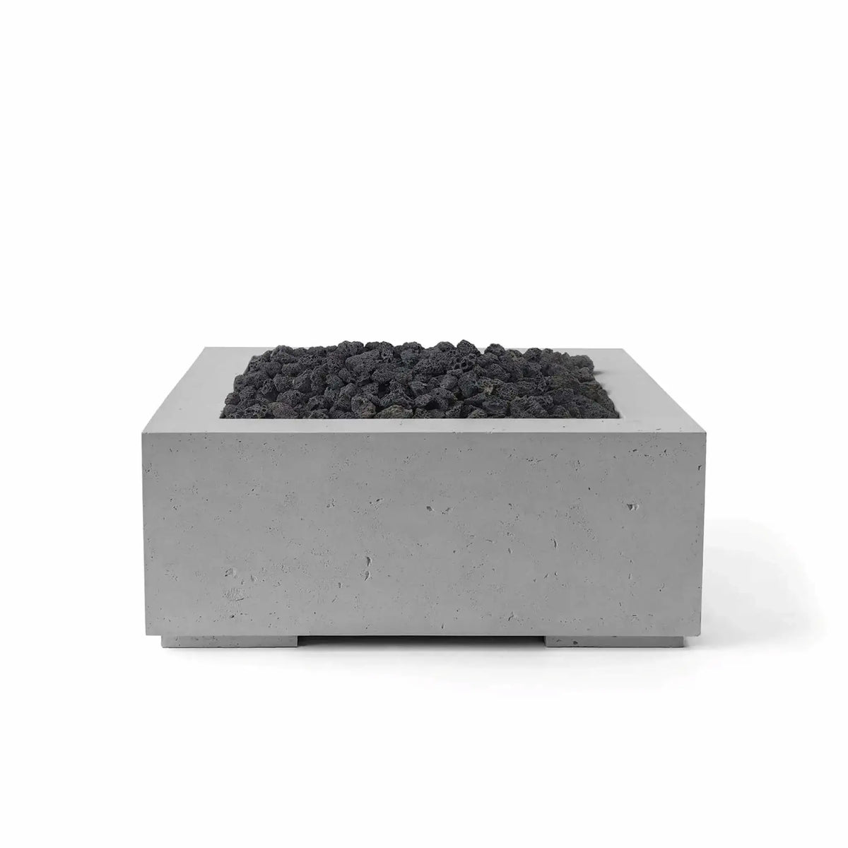 HPC Fire Hearth Products Controls Dekko GFRC Concrete Alea 32 x 32 Fire Pit finished in Charcoal with black lava rock media. This modern square outdoor fire feature offers clean geometric lines, durable GFRC concrete construction, and a recessed burner area filled with rugged volcanic rock, creating a bold focal point for patios, outdoor lounges, and contemporary landscape installations.