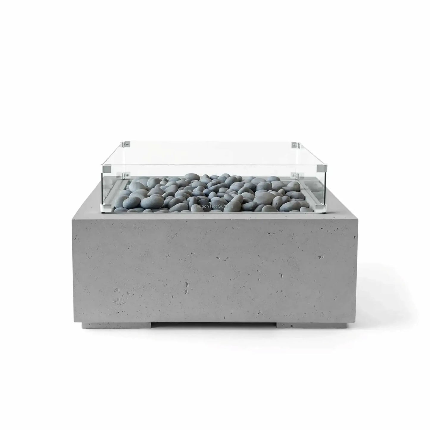 Studio product image of the HPC Fire Hearth Products Controls Dekko GFRC Concrete Alea 32 x 32 Fire Pit in Charcoal finish with gray slate stone media and a tempered glass wind guard. The square outdoor fire table combines modern GFRC concrete construction, neutral tones, and decorative fire stones for a refined contemporary patio centerpiece.