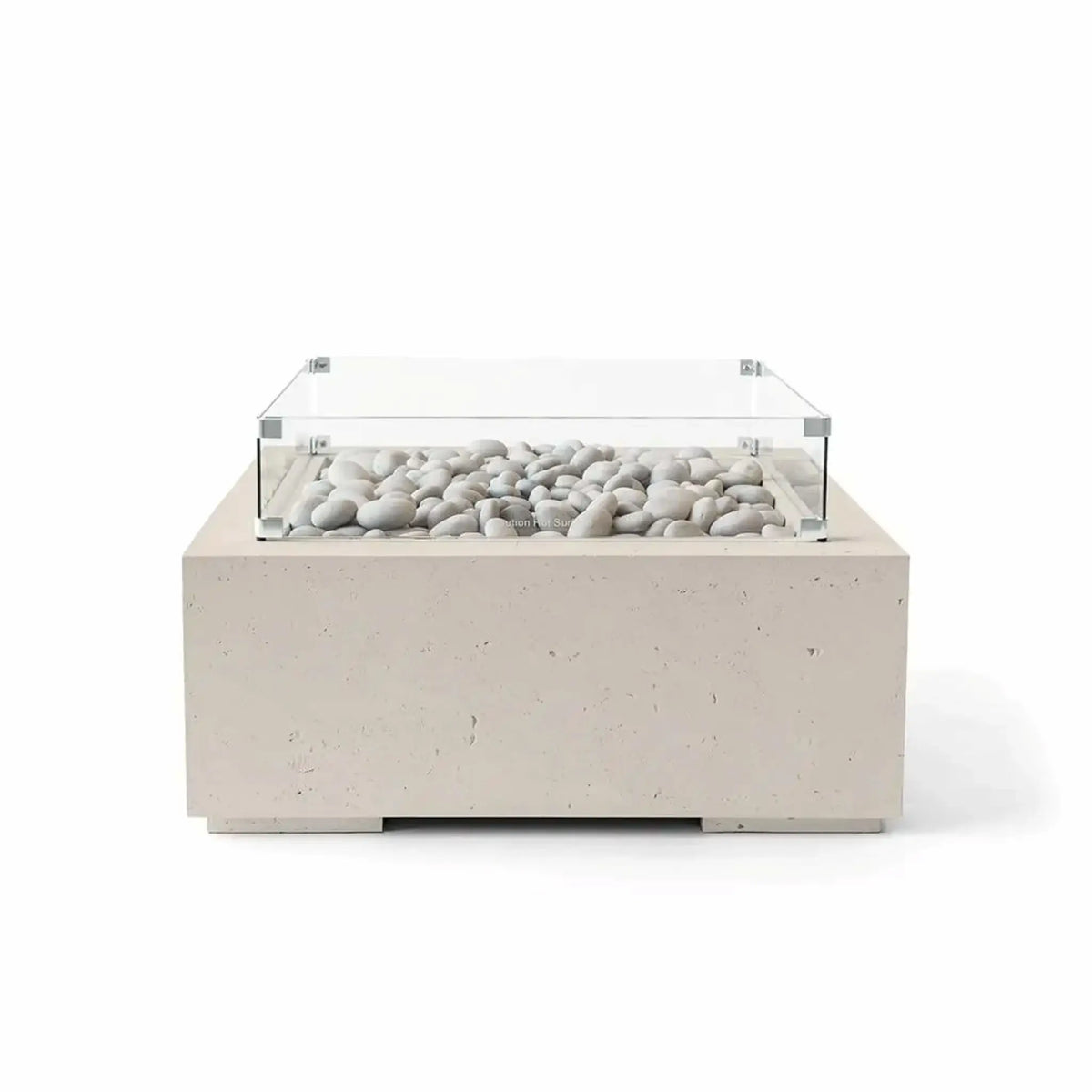 Front view of the HPC Fire Hearth Products Controls Dekko GFRC Concrete Alea 32 x 32 Fire Pit in Clay finish, filled with ivory fire stones and protected by a clear tempered glass wind guard. The warm-toned GFRC concrete body, square profile, and minimalist styling create an elegant outdoor fire feature suitable for patios, decks, and modern landscapes.