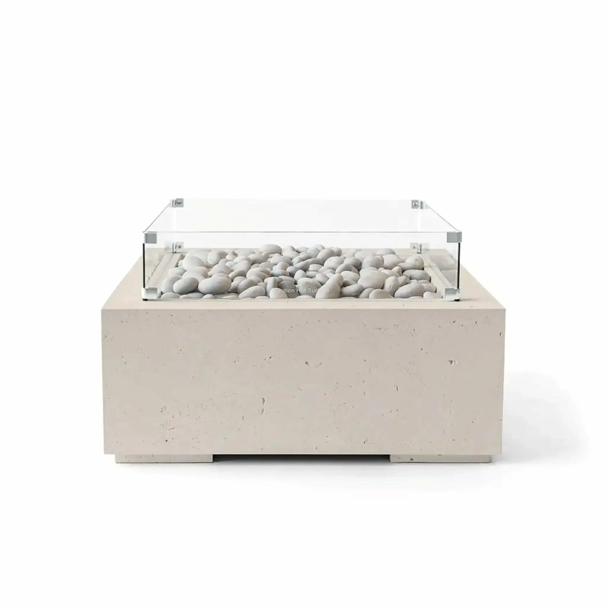 Front view of the HPC Fire Hearth Products Controls Dekko GFRC Concrete Alea 32 x 32 Fire Pit in Clay finish, filled with ivory fire stones and protected by a clear tempered glass wind guard. The warm-toned GFRC concrete body, square profile, and minimalist styling create an elegant outdoor fire feature suitable for patios, decks, and modern landscapes.