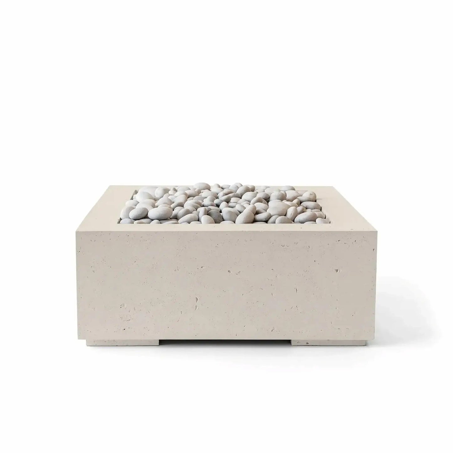 HPC Fire Hearth Products Controls Dekko GFRC Concrete Alea 32 x 32 Fire Pit in Clay finish with ivory decorative stones. This contemporary square fire pit combines a warm beige concrete tone with smooth light-colored stones, creating an elegant outdoor centerpiece featuring durable GFRC construction, a recessed burner area, and a versatile design suitable for patios and outdoor living spaces.