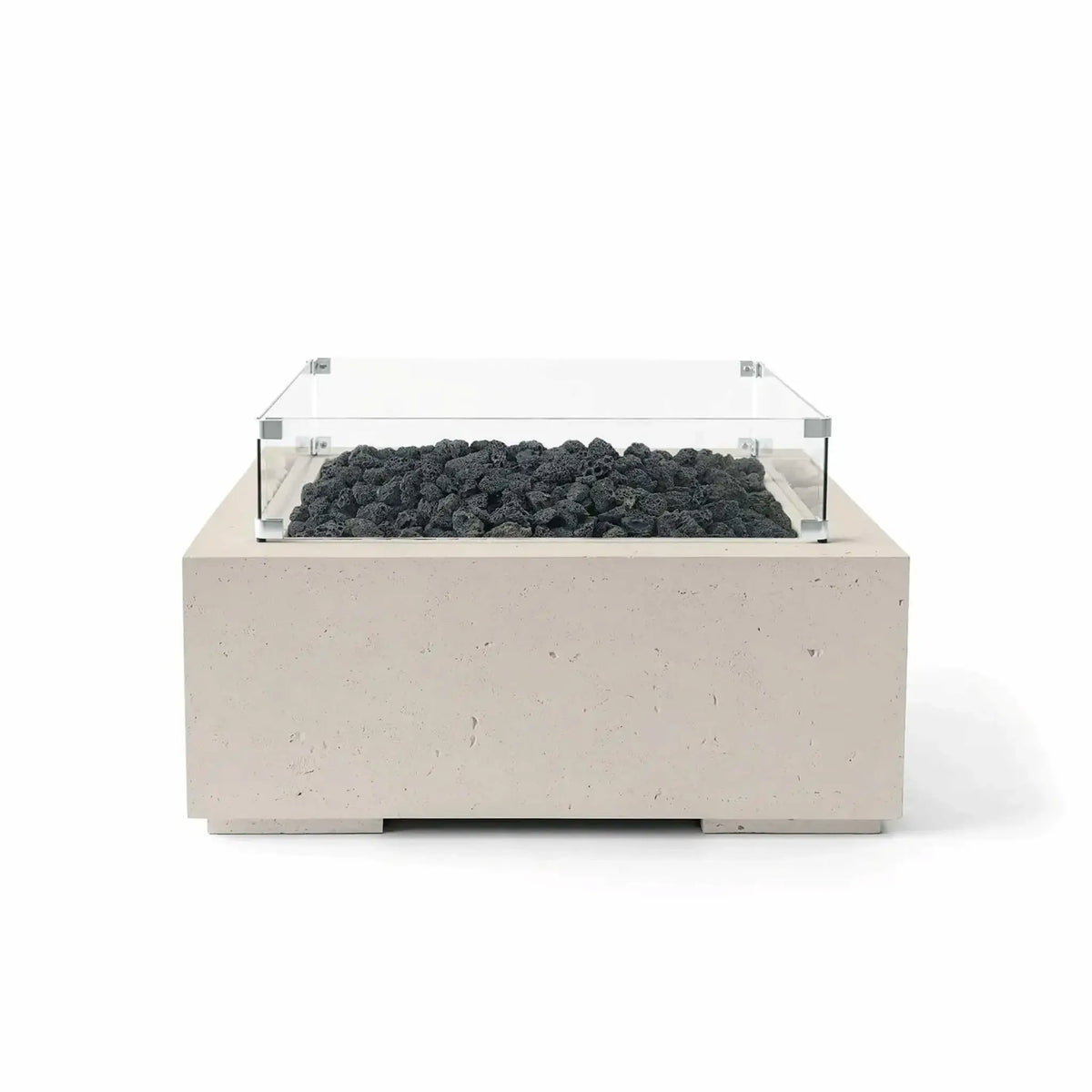 HPC Fire Hearth Products Controls Dekko GFRC Concrete Alea 32 x 32 Fire Pit in Clay finish with black lava rock media and a tempered glass wind guard. This square GFRC concrete fire pit features a light beige textured finish, contemporary design, and recessed burner area, shown in a centered product image on a white background for e-commerce display.