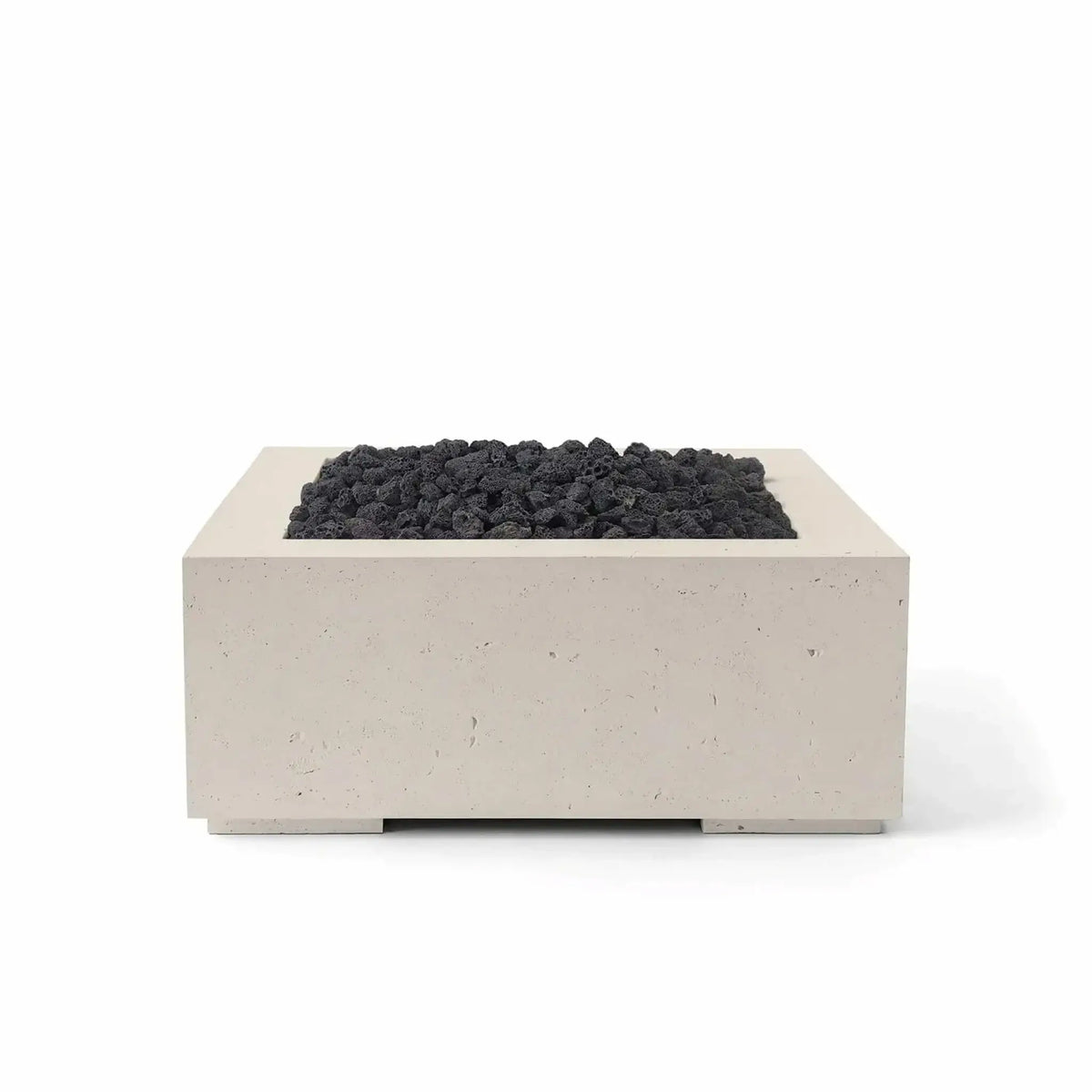HPC Fire Hearth Products Controls Dekko GFRC Concrete Alea 32 x 32 Fire Pit featuring a Clay finish and black lava rock media. The square fire pit showcases clean modern styling, durable glass fiber reinforced concrete construction, and a recessed burner compartment filled with volcanic rock, providing a striking contrast that enhances contemporary outdoor seating and entertainment areas.