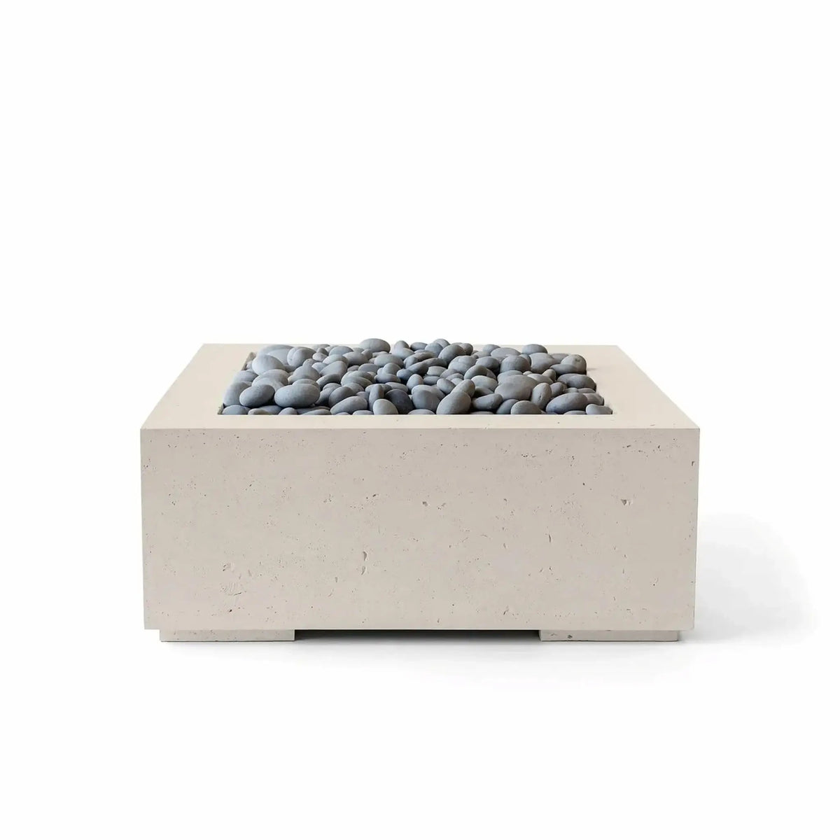 HPC Fire Hearth Products Controls Dekko GFRC Concrete Alea 32 x 32 Fire Pit in Clay finish with polished slate stone media. This modern square outdoor fire pit features a warm neutral concrete exterior, smooth gray decorative stones, and a recessed burner section, delivering a sophisticated fire feature designed for patios, courtyards, rooftop terraces, and luxury outdoor living environments.