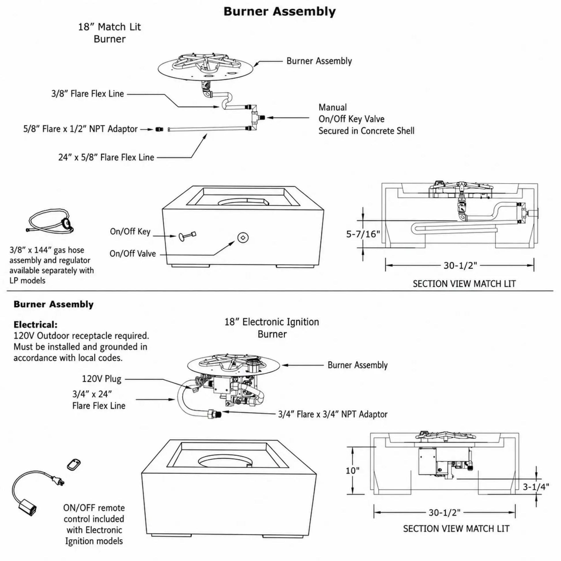 Technical specification sheet for the HPC Fire Hearth Products Controls Dekko GFRC Concrete Alea 32 x 32 Fire Pit, illustrating Match Lit and Electronic Ignition burner assemblies. Detailed engineering diagrams show burner components, flare flex lines, gas connections, ignition systems, on/off valve locations, remote-control compatibility, electrical requirements, section views, and dimensional installation details for the Alea GFRC outdoor fire pit.
