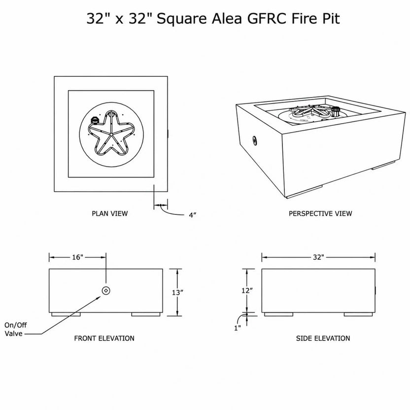 HPC Fire Hearth Products Controls Dekko GFRC Concrete Alea 32 x 32 Fire Pit General Specification Sheet showing plan, perspective, front elevation, and side elevation views. The technical drawing illustrates overall dimensions, burner layout, valve location, 32-inch square footprint, 13-inch overall height, 12-inch body height, and construction details for the Alea GFRC concrete outdoor fire pit model.