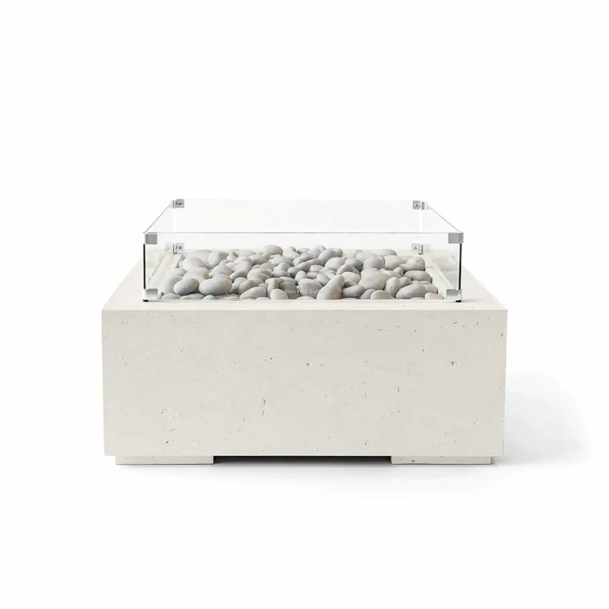 HPC Fire Hearth Products Controls Dekko GFRC Concrete Alea 32 x 32 Fire Pit in Limestone finish with ivory fire stones and a tempered glass wind guard. The square outdoor fire pit features a light limestone-colored GFRC concrete base, clean architectural lines, decorative stone media, and a contemporary low-profile design, displayed in a professional white-background product image.