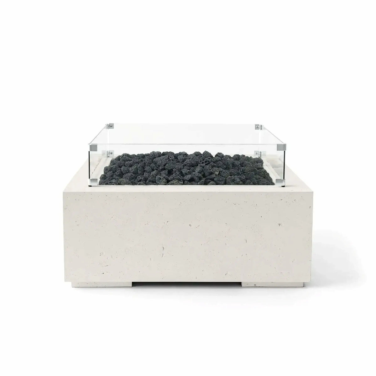 Front-facing product image of the HPC Fire Hearth Products Controls Dekko GFRC Concrete Alea 32 x 32 Fire Pit in Limestone finish, featuring black lava rock fire media and a clear tempered glass wind guard. The square GFRC concrete fire pit showcases a soft limestone-colored texture, clean contemporary lines, and a recessed burner area designed for modern outdoor patios, courtyards, and entertaining spaces.