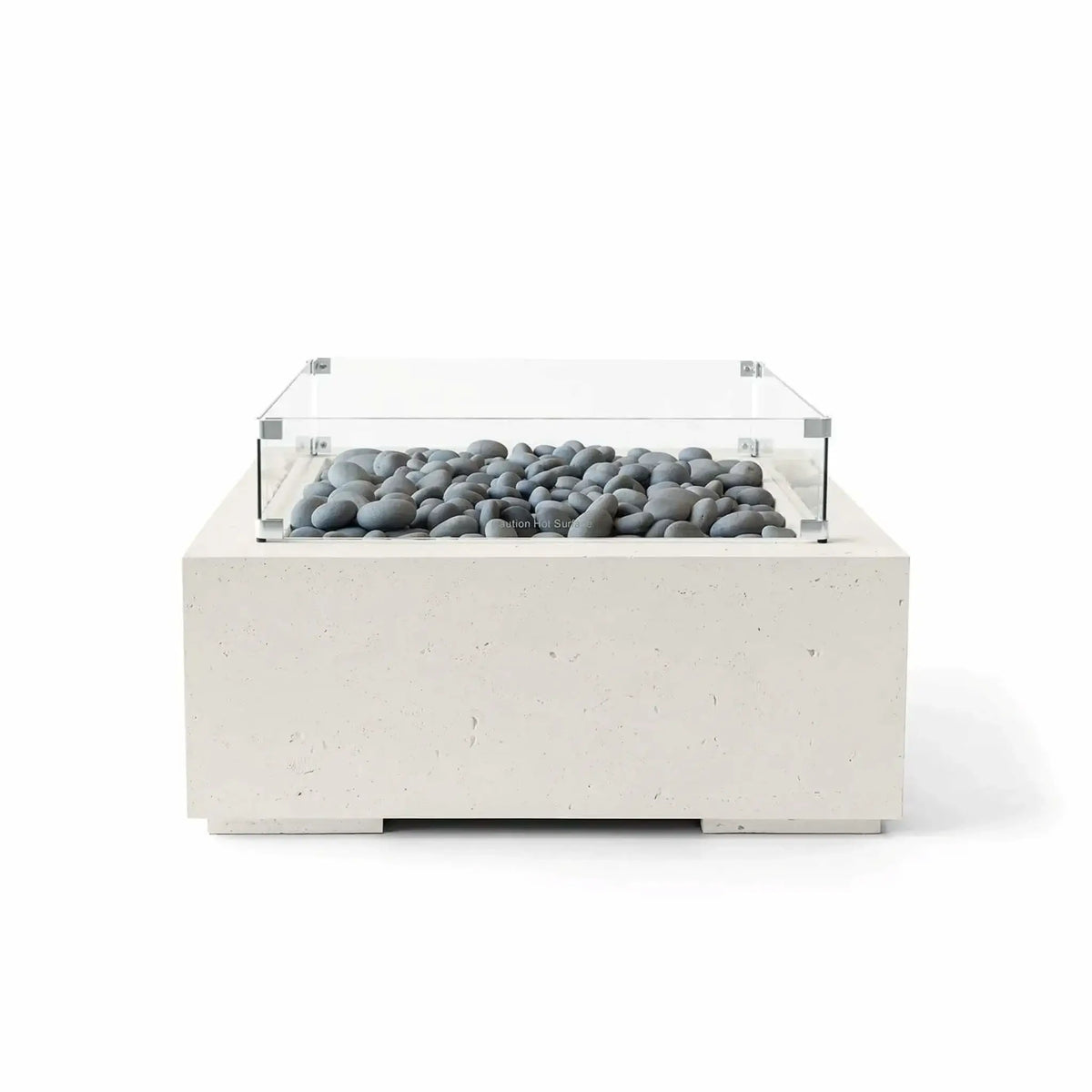 HPC Fire Hearth Products Controls Dekko GFRC Concrete Alea 32 x 32 Fire Pit in Limestone finish with smooth gray slate stone fire media and a tempered glass wind guard. Displayed from the front against a white background, this square GFRC concrete fire pit combines a light stone-inspired finish, modern architectural styling, and decorative media for a refined outdoor fire feature.