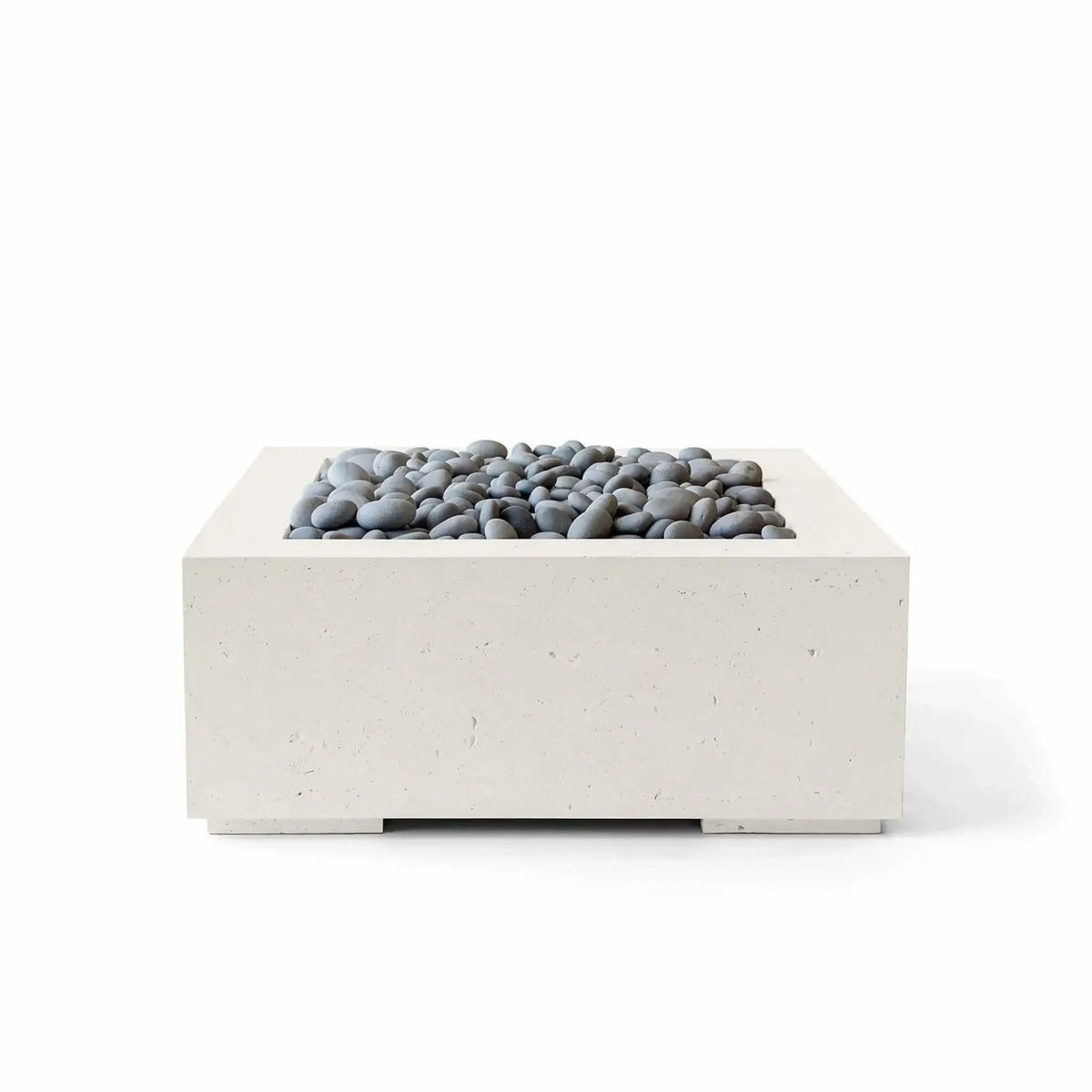 HPC Fire Hearth Products Controls Dekko GFRC Concrete Alea 32 x 32 Fire Pit in Limestone finish with polished slate stone media. This contemporary square fire pit showcases smooth gray decorative stones set within a recessed burner area and a durable GFRC concrete body. The neutral limestone color and clean architectural styling make the Alea fire pit suitable for luxury patios, rooftop terraces, and outdoor lounge areas.