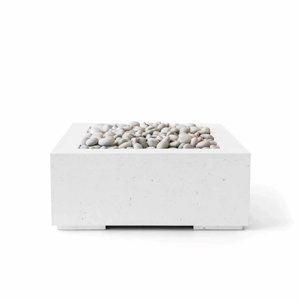 HPC Fire Hearth Products Controls Dekko GFRC Concrete Alea 32 x 32 Fire Pit in Natural finish with ivory decorative stones. The square outdoor fire pit features a light concrete appearance, smooth rounded white stones, and a recessed burner area designed for modern outdoor living. Built from durable GFRC concrete, the Alea fire pit offers a timeless minimalist aesthetic that complements patios, courtyards, and contemporary landscape designs.