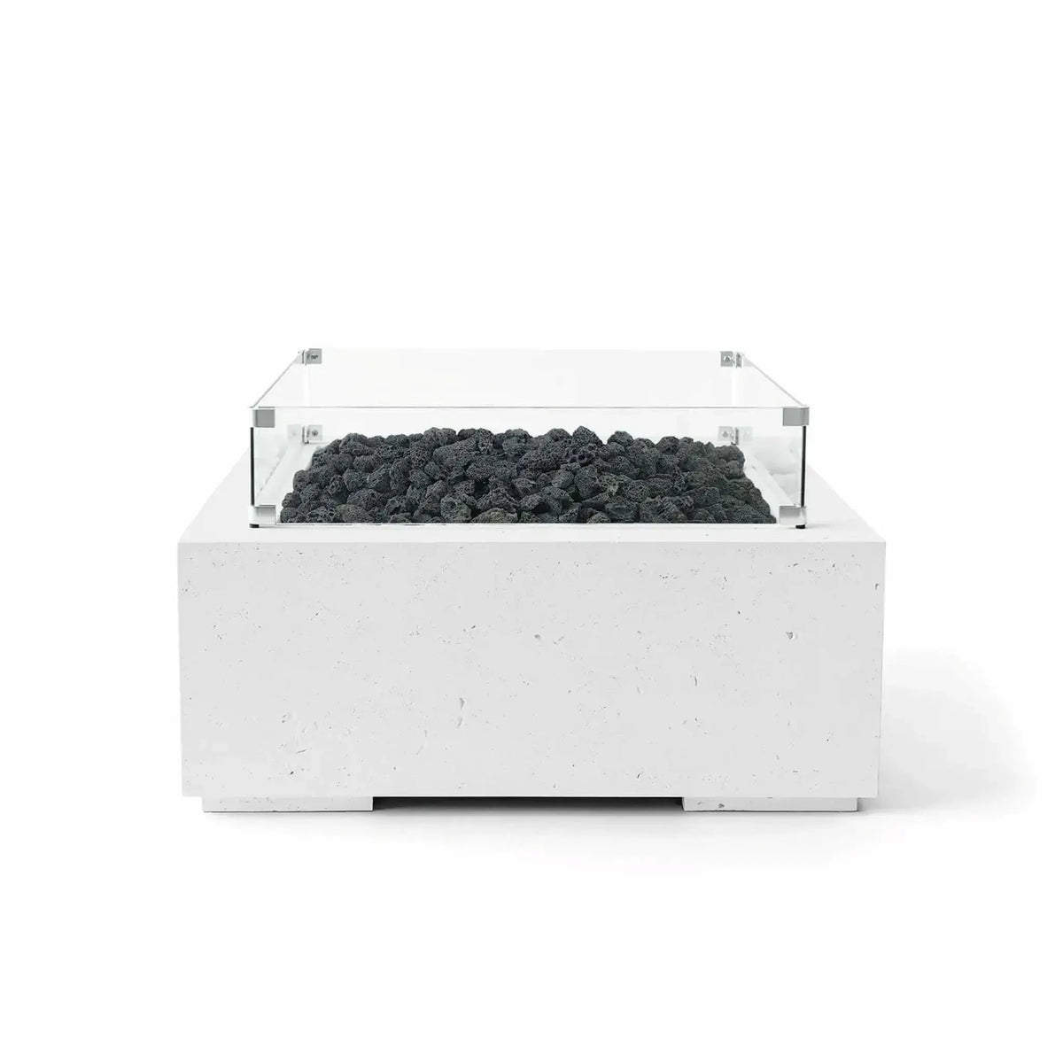 HPC Fire Hearth Products Controls Dekko GFRC Concrete Alea 32 x 32 Fire Pit in Natural finish showcasing black lava rock media beneath a tempered glass wind guard. This square outdoor fire pit features a textured GFRC concrete body, minimalist design, and elevated glass enclosure, presented in a clean studio product image ideal for outdoor patio and backyard applications.